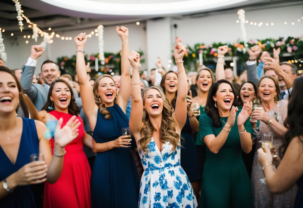 A joyful crowd celebrates with laughter and cheers. Flowers and decorations adorn the venue, creating a festive atmosphere
