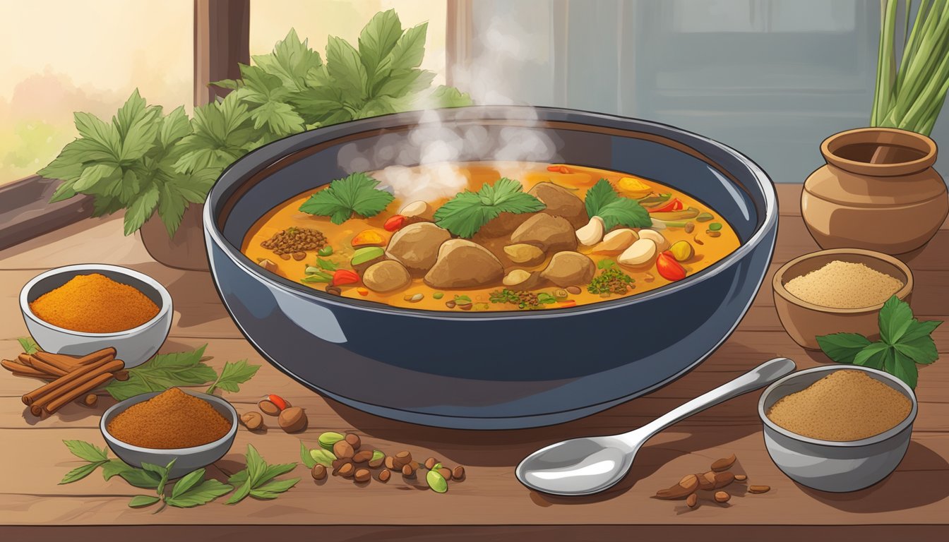 A steaming bowl of massaman curry sits on a wooden table, surrounded by colorful spices and herbs. A spoon rests beside the bowl, ready for use