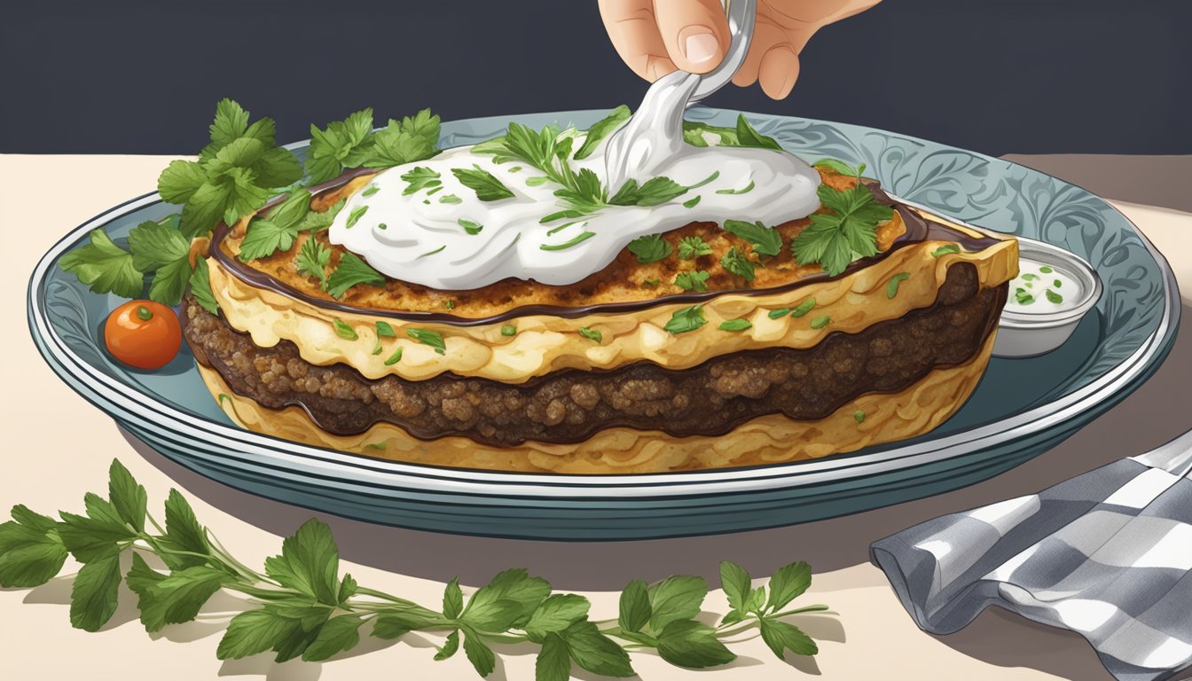 A steaming dish of moussaka being placed on a decorative platter with a garnish of fresh herbs and a side of tzatziki sauce