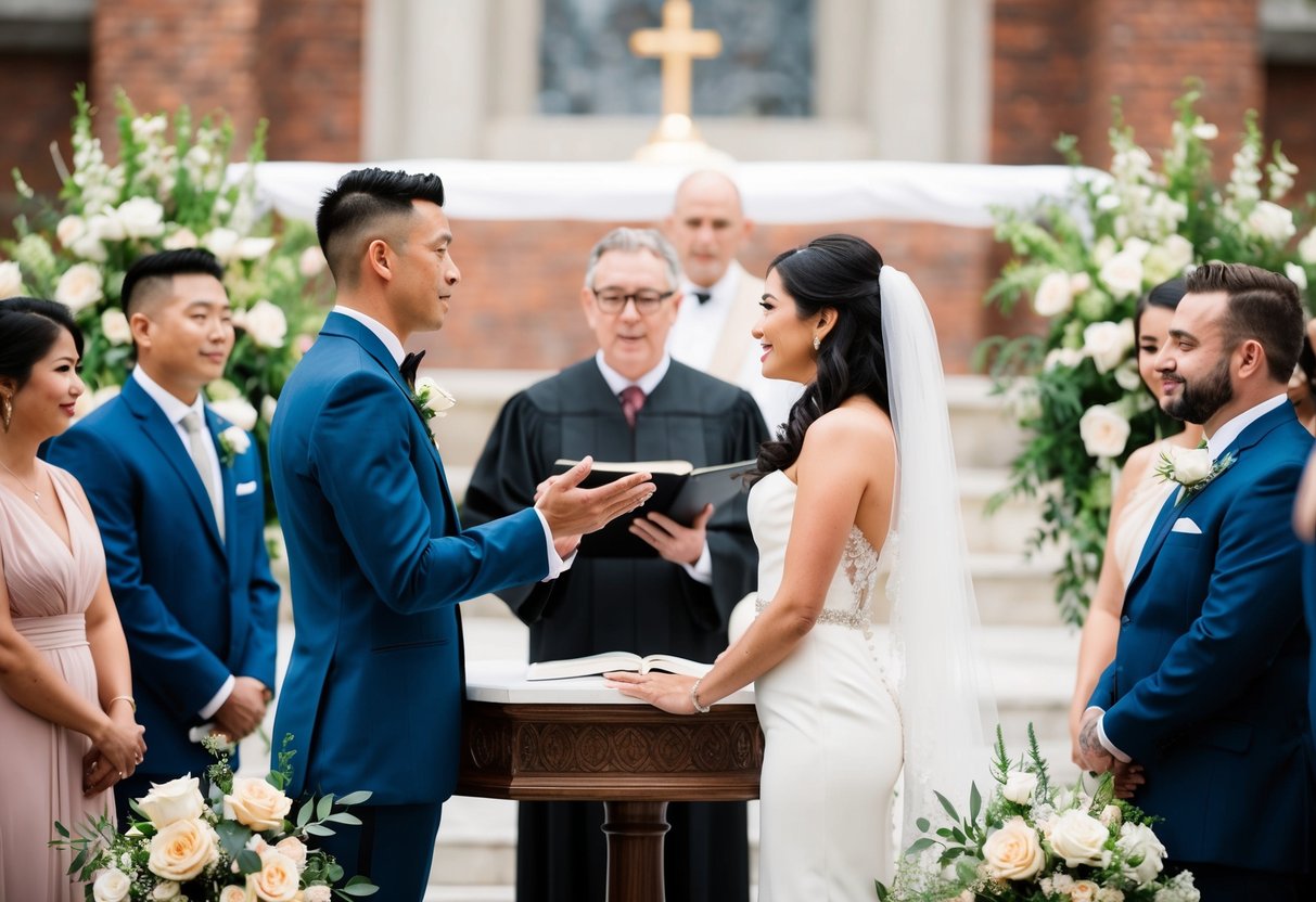 A wedding officiant speaking at the altar, with a couple standing in front of them, surrounded by flowers and guests