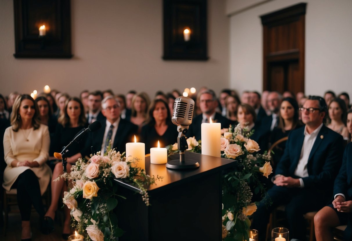 A microphone stands on a podium, surrounded by flowers and candles. The audience sits in a dimly lit room, listening attentively