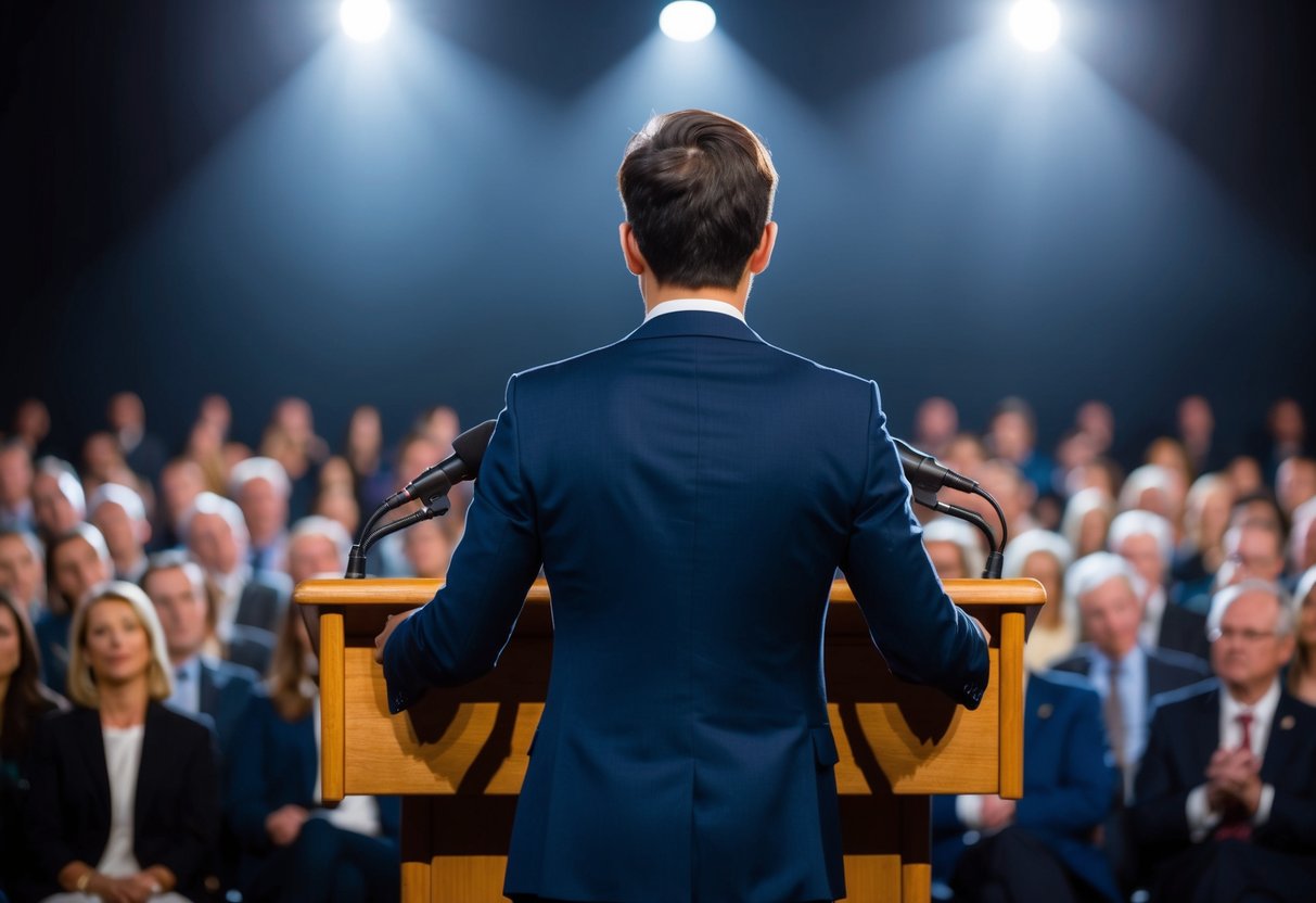A person standing behind a podium, facing an audience, with a microphone in front of them and a spotlight shining down