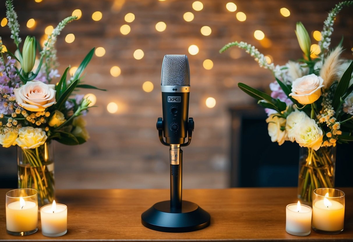 A microphone standing on a wooden podium, surrounded by delicate flower arrangements and soft candlelight