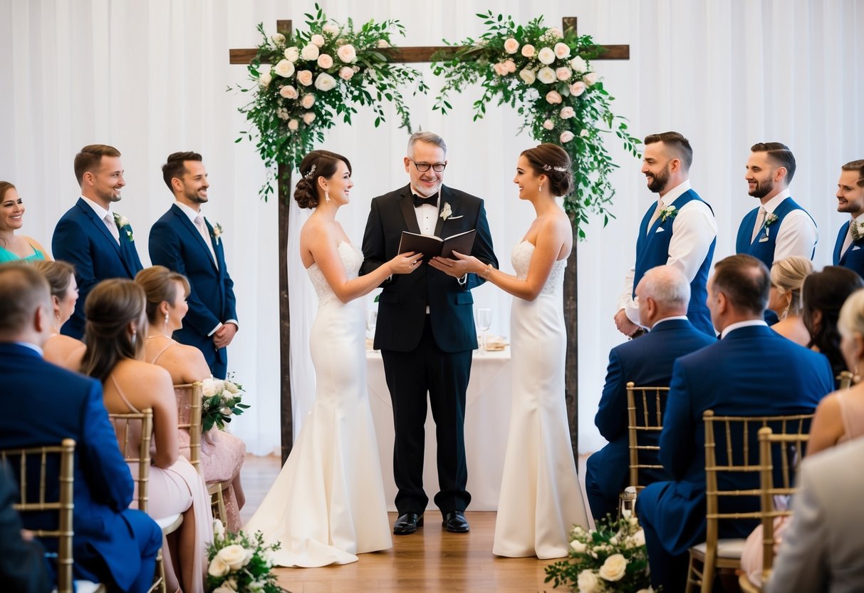 A wedding ceremony with guests seated, an officiant speaking, and a couple standing together exchanging vows