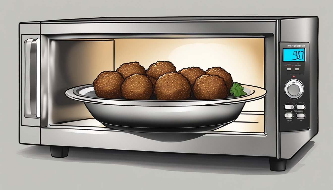 A plate of meatballs being reheated in a microwave