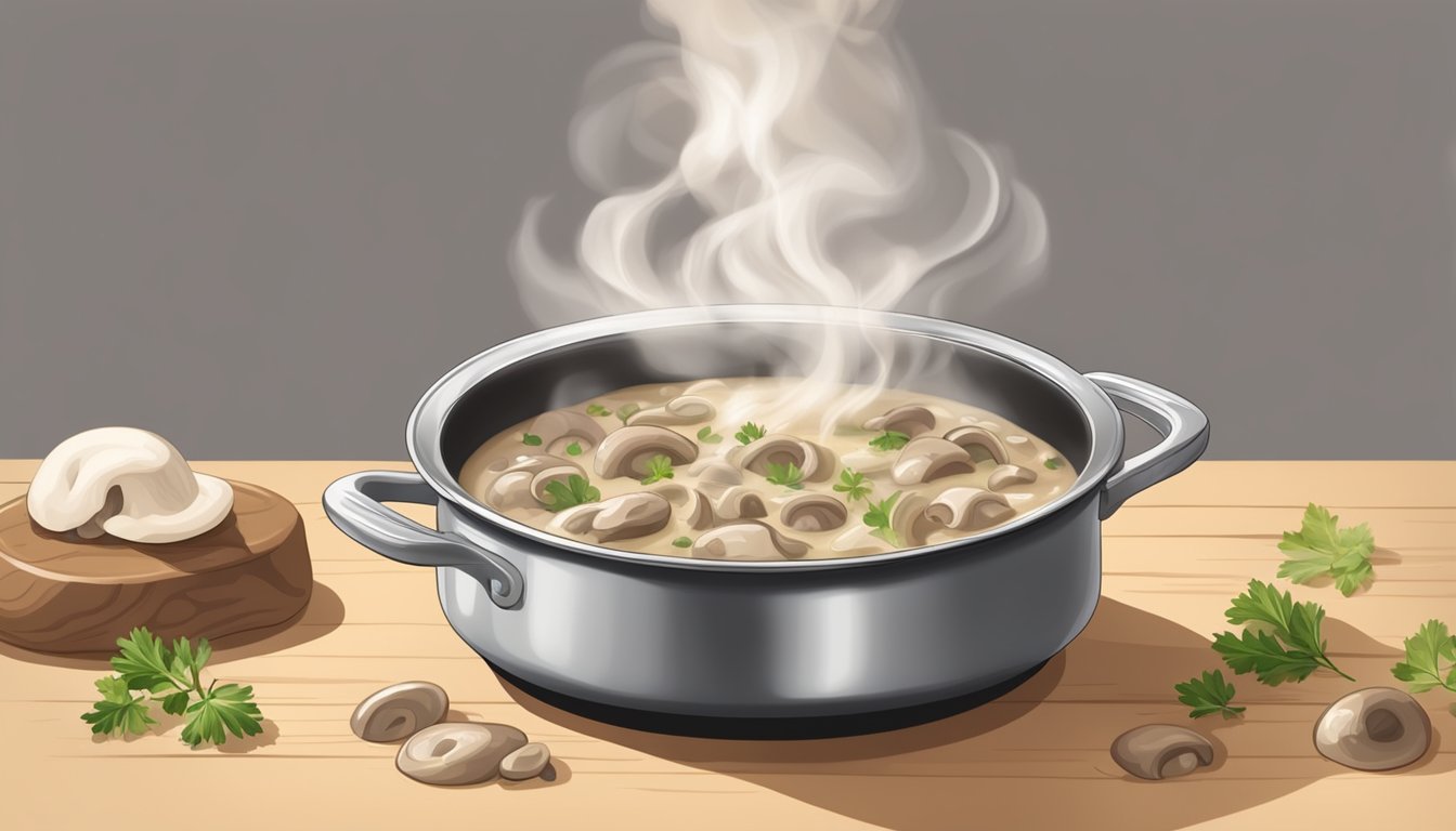 A steaming pot of mushroom stroganoff being gently reheated on a stovetop, the creamy sauce bubbling and the earthy aroma filling the kitchen