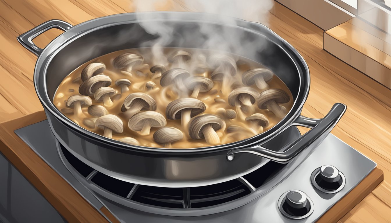 A pot of mushroom stroganoff simmering on a stove, steam rising, with a wooden spoon resting on the edge