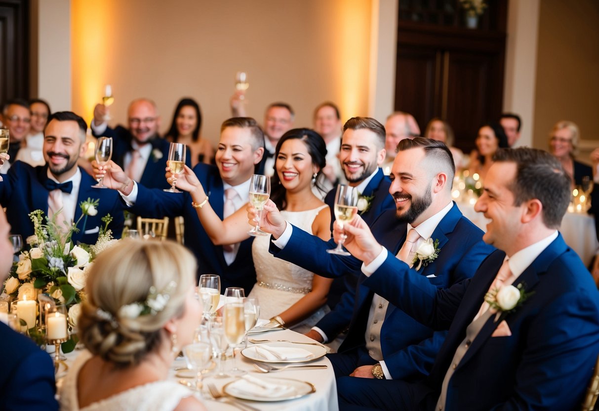 A group of friends and family gathered in a warmly lit reception hall, raising their glasses in celebration. Laughter and smiles fill the room as the speaker delivers a heartfelt and humorous wedding toast