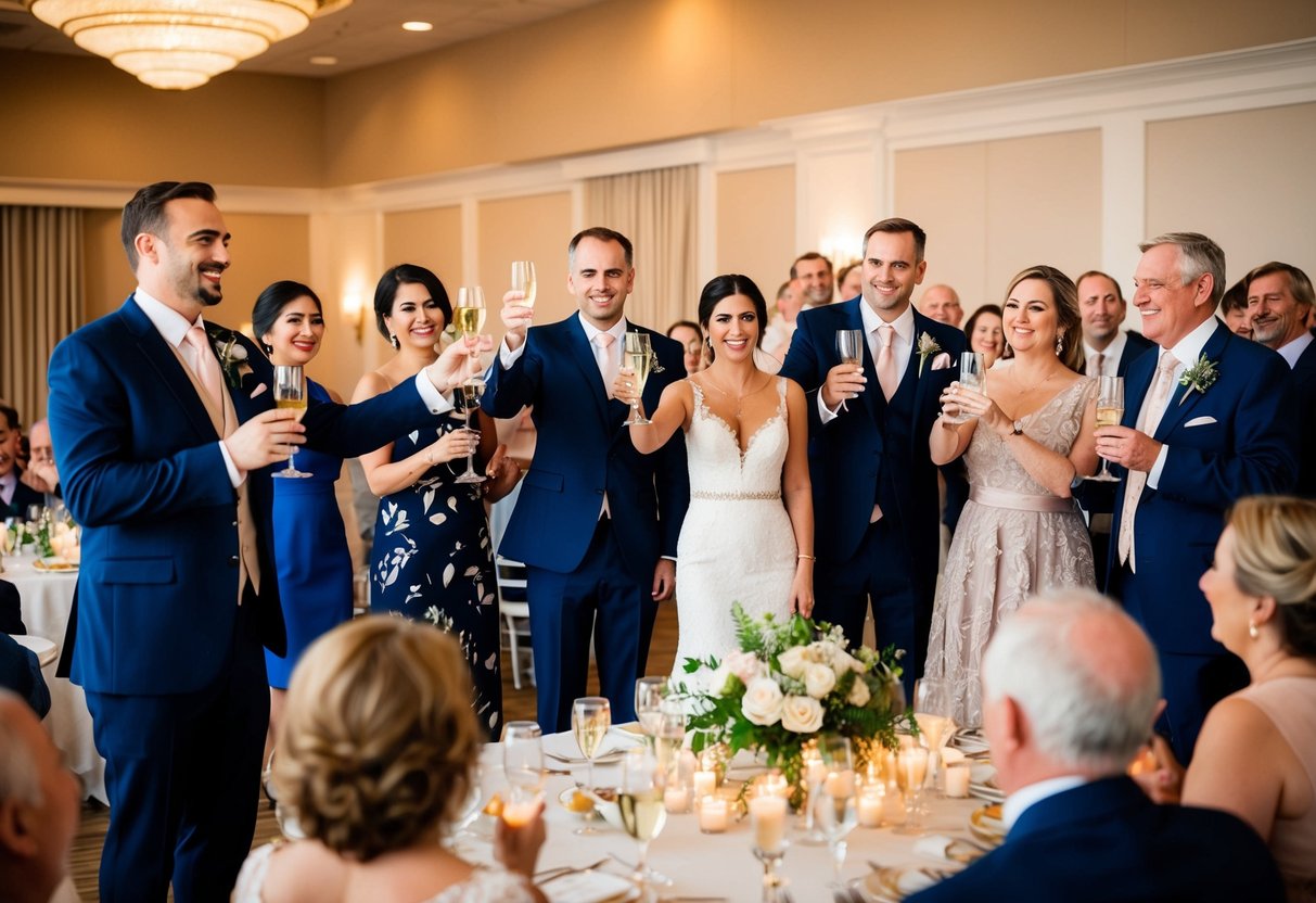 A group of friends and family gathered in a warmly lit reception hall, raising their glasses in celebration as a speaker stands at the front, delivering a heartfelt and humorous wedding toast