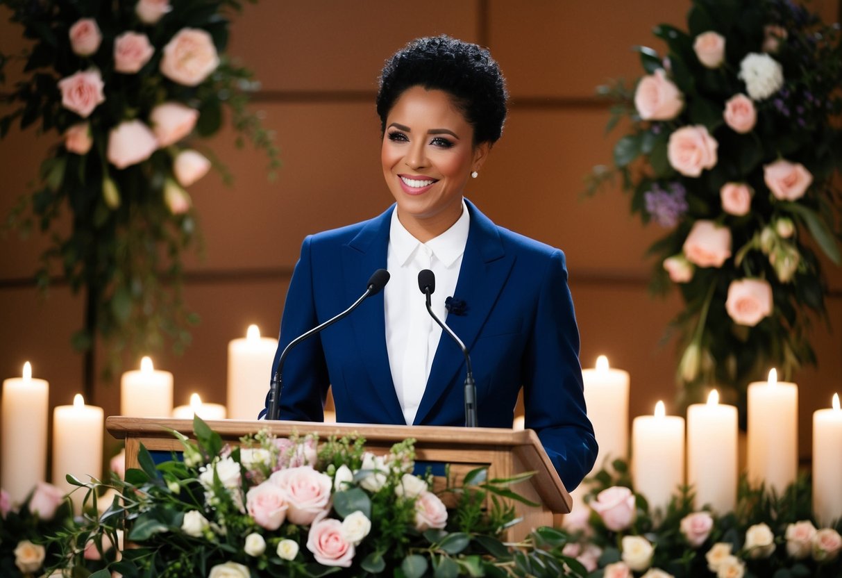 A person standing at a podium, surrounded by flowers and candles, speaking into a microphone with a warm smile