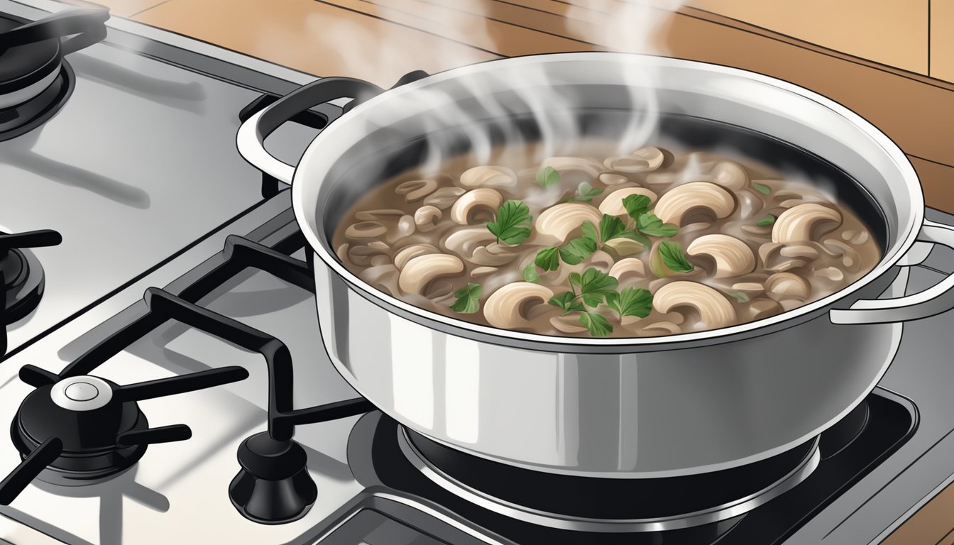 A pot of mushroom stroganoff being gently reheated on a stovetop, with steam rising and the rich aroma filling the kitchen