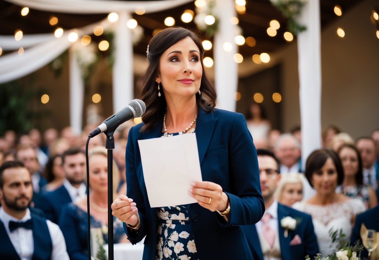 A woman stands at a microphone, surrounded by wedding decor. She holds a piece of paper and looks out at the audience