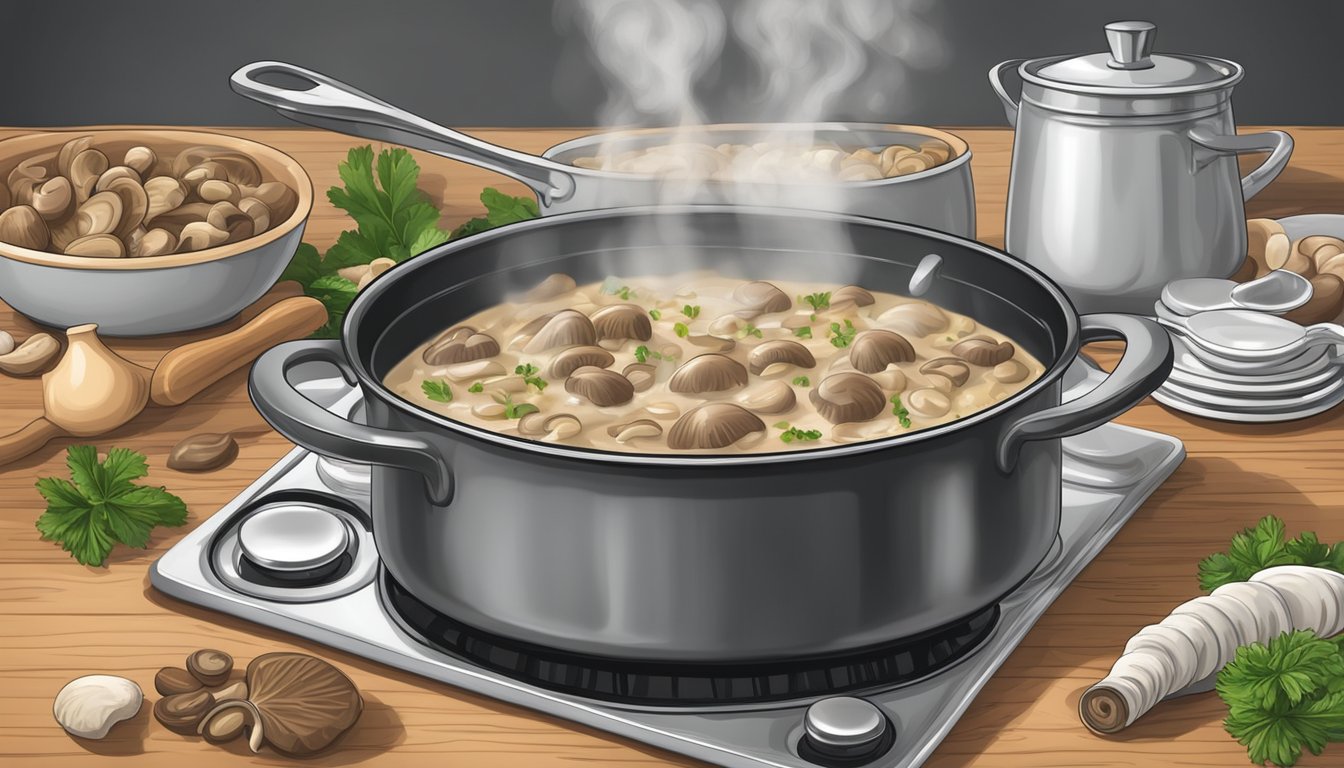 A pot of mushroom stroganoff simmering on a stovetop, steam rising from the creamy and hearty mixture, filling the kitchen with its rich aroma