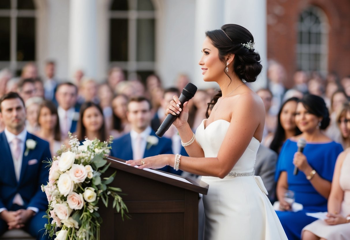 A woman stands at a podium, surrounded by flowers and candles. She holds a microphone and looks out at a crowd, preparing to deliver her Maid of Honor speech