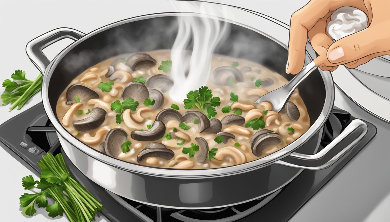 A pot of mushroom stroganoff being gently reheated on a stovetop, with a sprinkle of fresh parsley and a dollop of sour cream being added for garnish