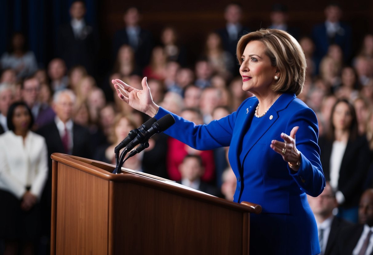 A woman stands at a podium, surrounded by a crowd. She gestures confidently as she delivers a speech, with a microphone in front of her