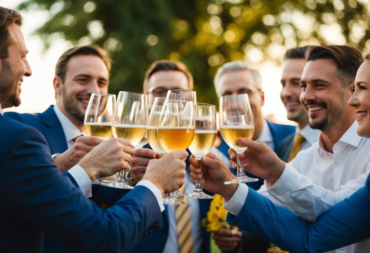 A group of guests raise their glasses in a toast, smiling and clinking their glasses together in celebration