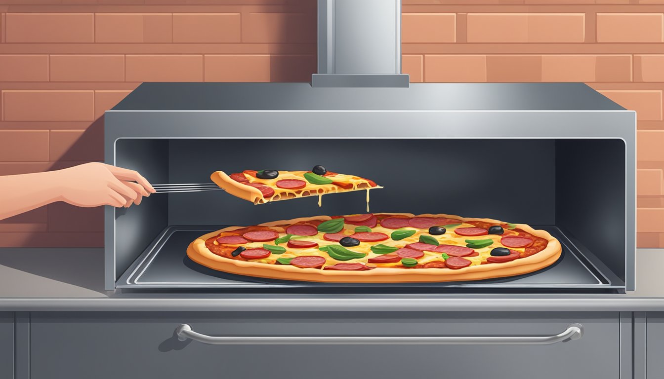 A slice of meat lovers pizza being placed on a baking sheet in a preheated oven