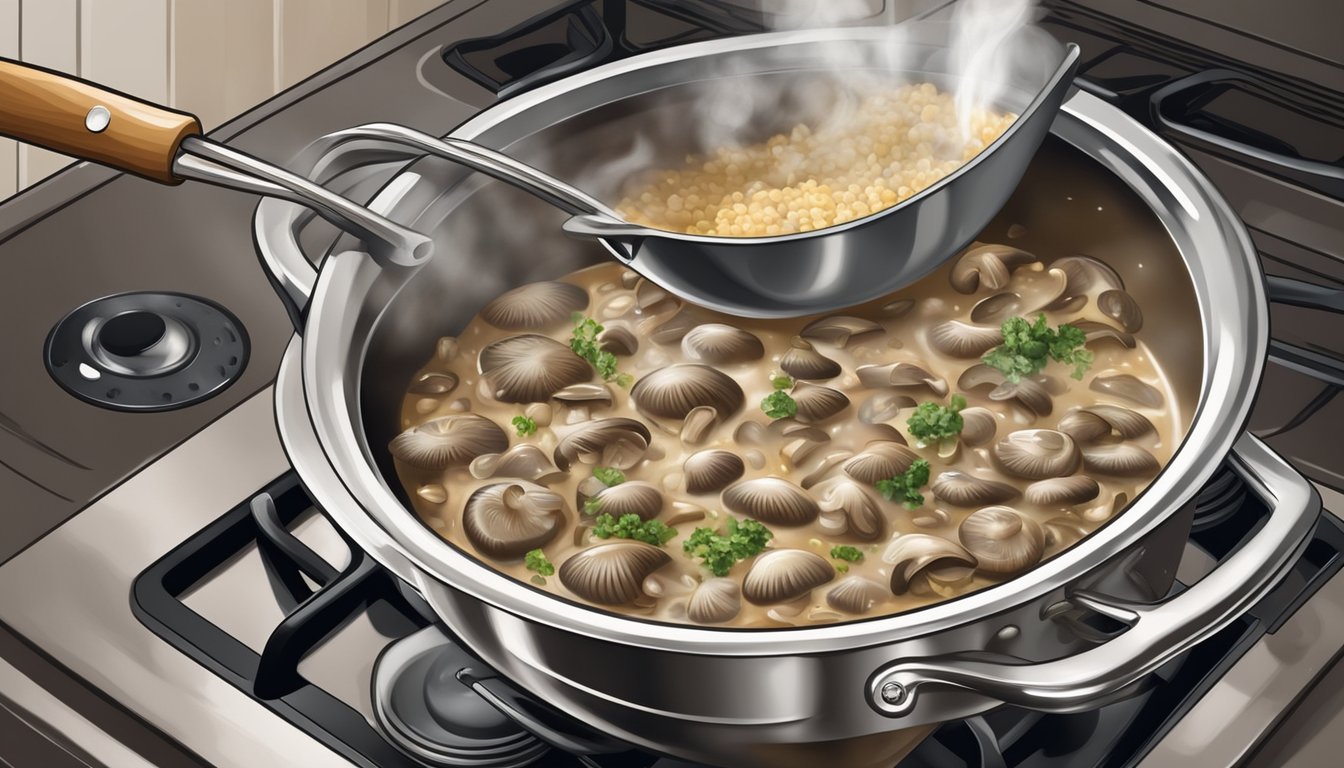 A steaming pot of mushroom stroganoff sits on a stove, with a chef's spoon stirring in seasoning and flavor enhancements. The rich aroma fills the kitchen