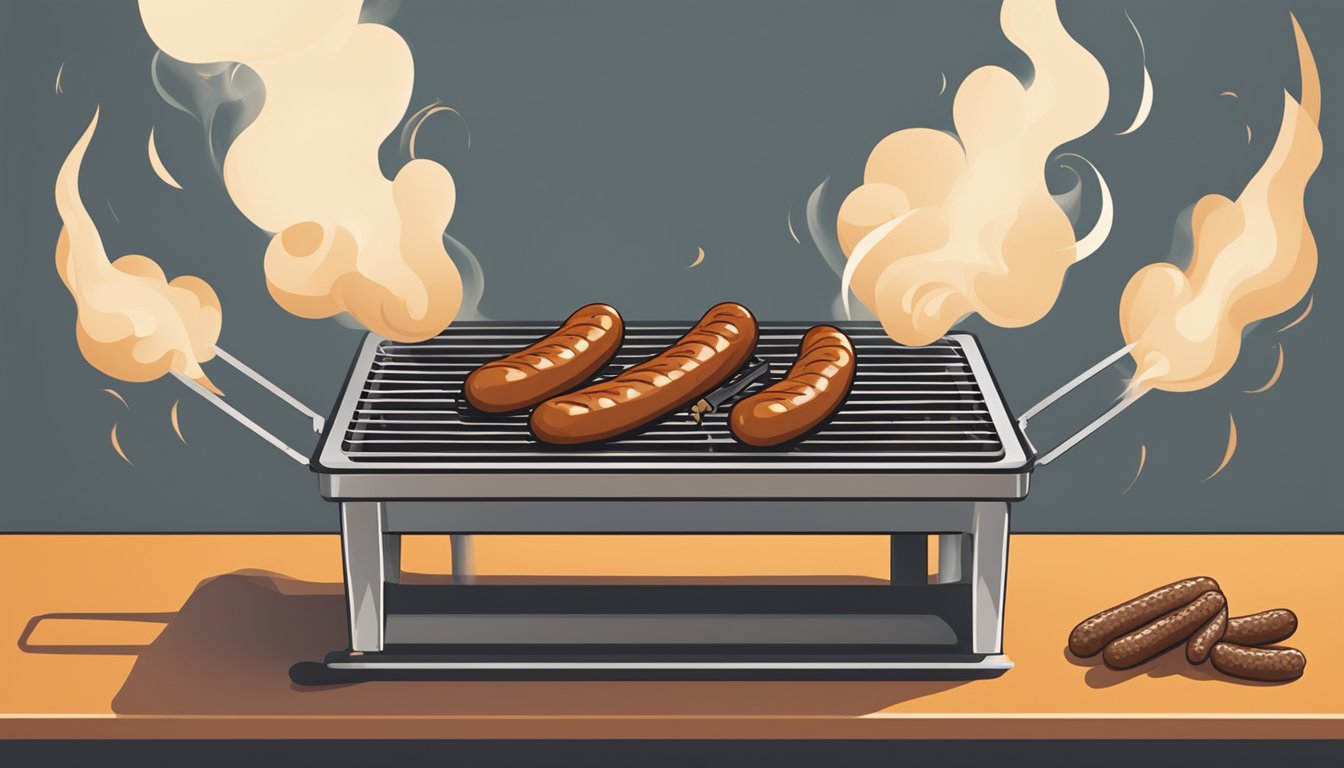 A plate of sizzling merguez sausages being reheated on a grill, emitting aromatic smoke and sizzling sounds