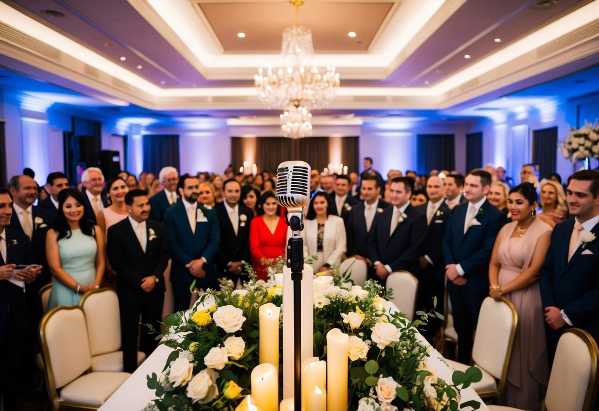 Guests gather in a brightly lit, elegant venue. A microphone stands at the center of a stage adorned with flowers and candles. The room is filled with anticipation as the speeches are about to begin