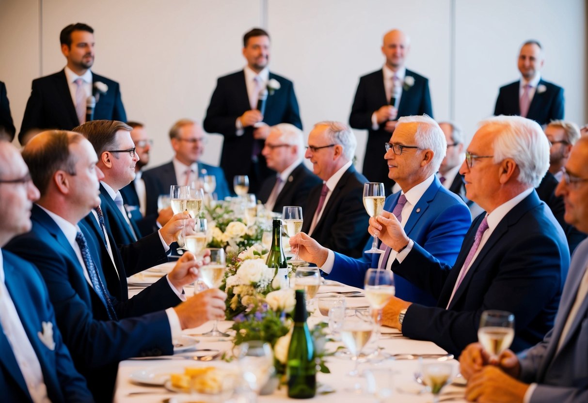 Guests seated, clinking glasses. Speakers stand at head table. Microphones ready. Emotions high, anticipation palpable