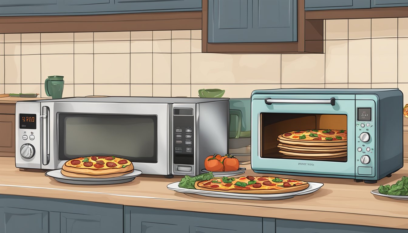 A microwave and toaster oven sit on a kitchen counter, with a slice of meat lovers pizza on a plate next to them