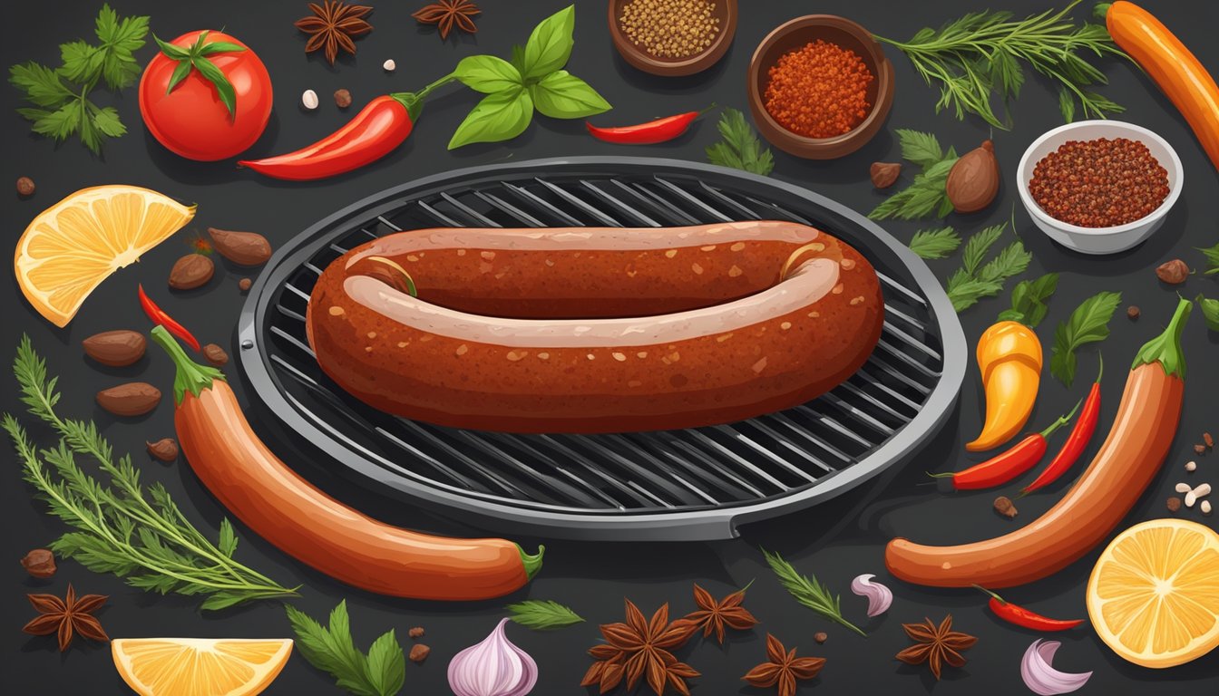 A sizzling merguez sausage on a hot grill, emitting aromatic steam, surrounded by vibrant spices and herbs