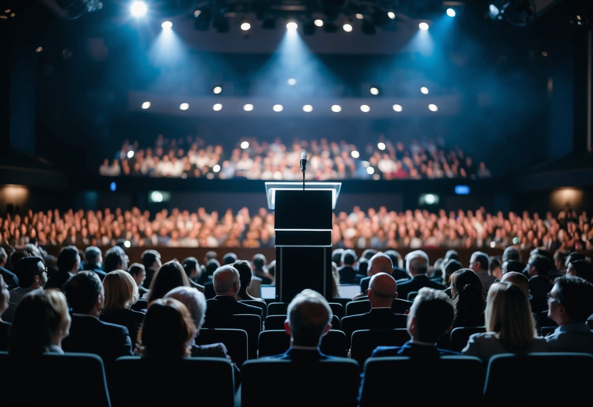A podium with a microphone, surrounded by a large audience in a dimly lit auditorium