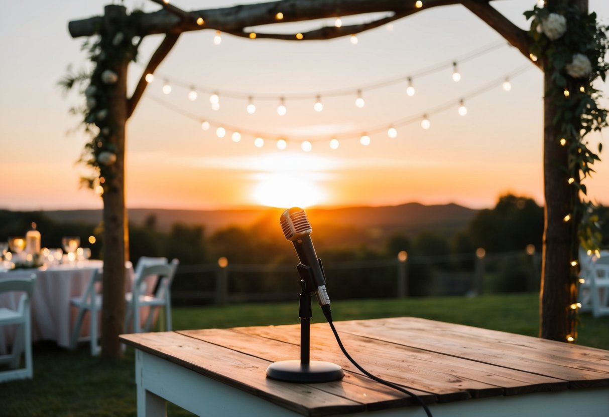 The sun sets behind a rustic outdoor wedding venue, where a microphone stands ready on a wooden stage adorned with fairy lights