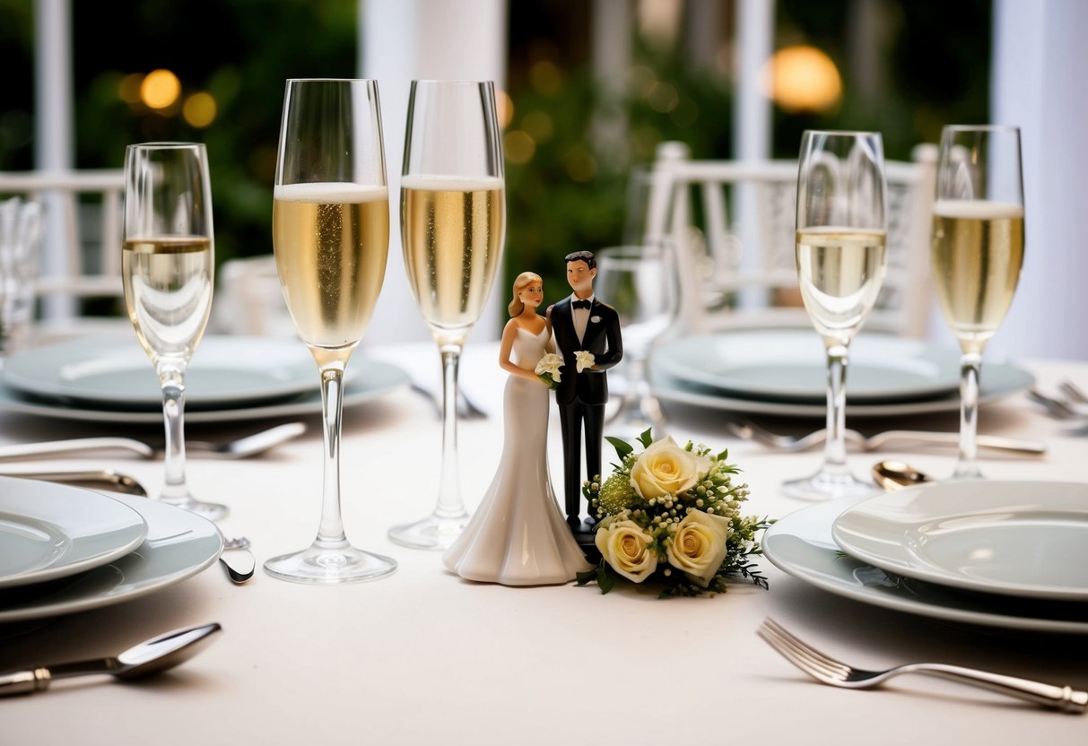 A table set with champagne flutes, a bride and groom figurine, and a bouquet of flowers