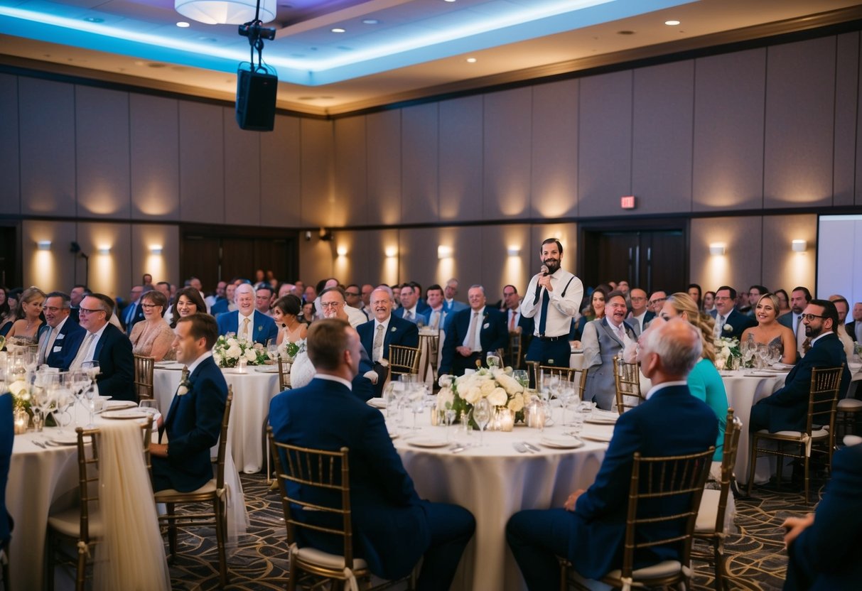 Guests seated at round tables in a dimly lit reception hall, with a microphone set up on a small stage. The room is filled with anticipation as the speeches are about to begin