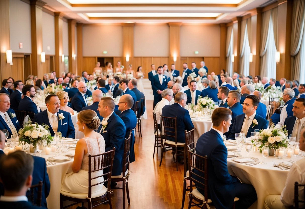 Guests gathered in a warmly lit reception hall, seated at round tables adorned with elegant centerpieces. A microphone stands at the front, ready for the start of the wedding speeches