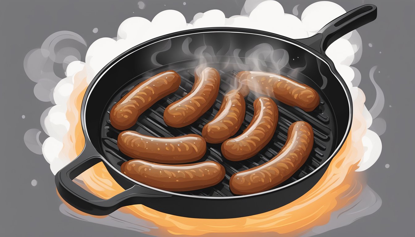 Merguez sausages sizzling in a skillet over a stovetop, surrounded by aromatic steam rising into the air