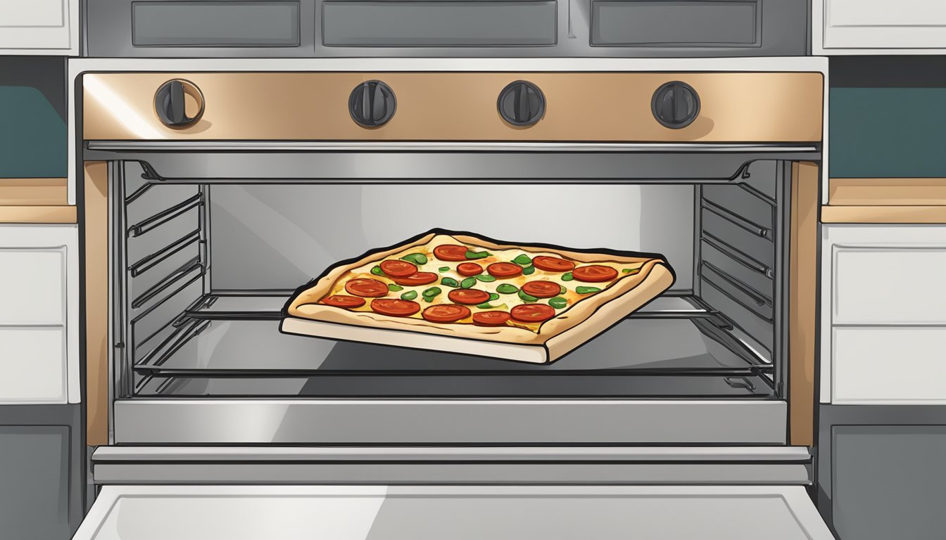 A slice of Mediterranean pizza being placed on a baking sheet in a preheated oven