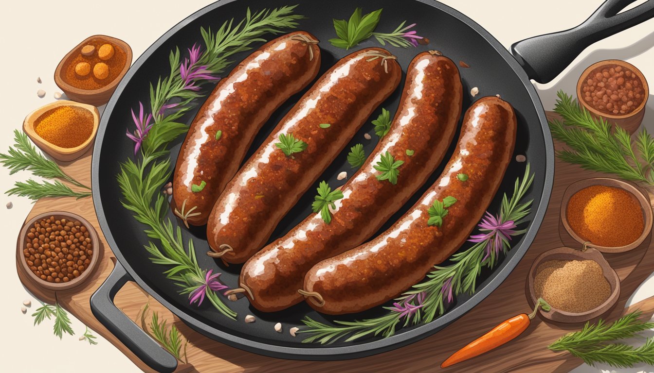 A plate of sizzling merguez sausages being gently heated in a skillet, surrounded by colorful herbs and spices for serving