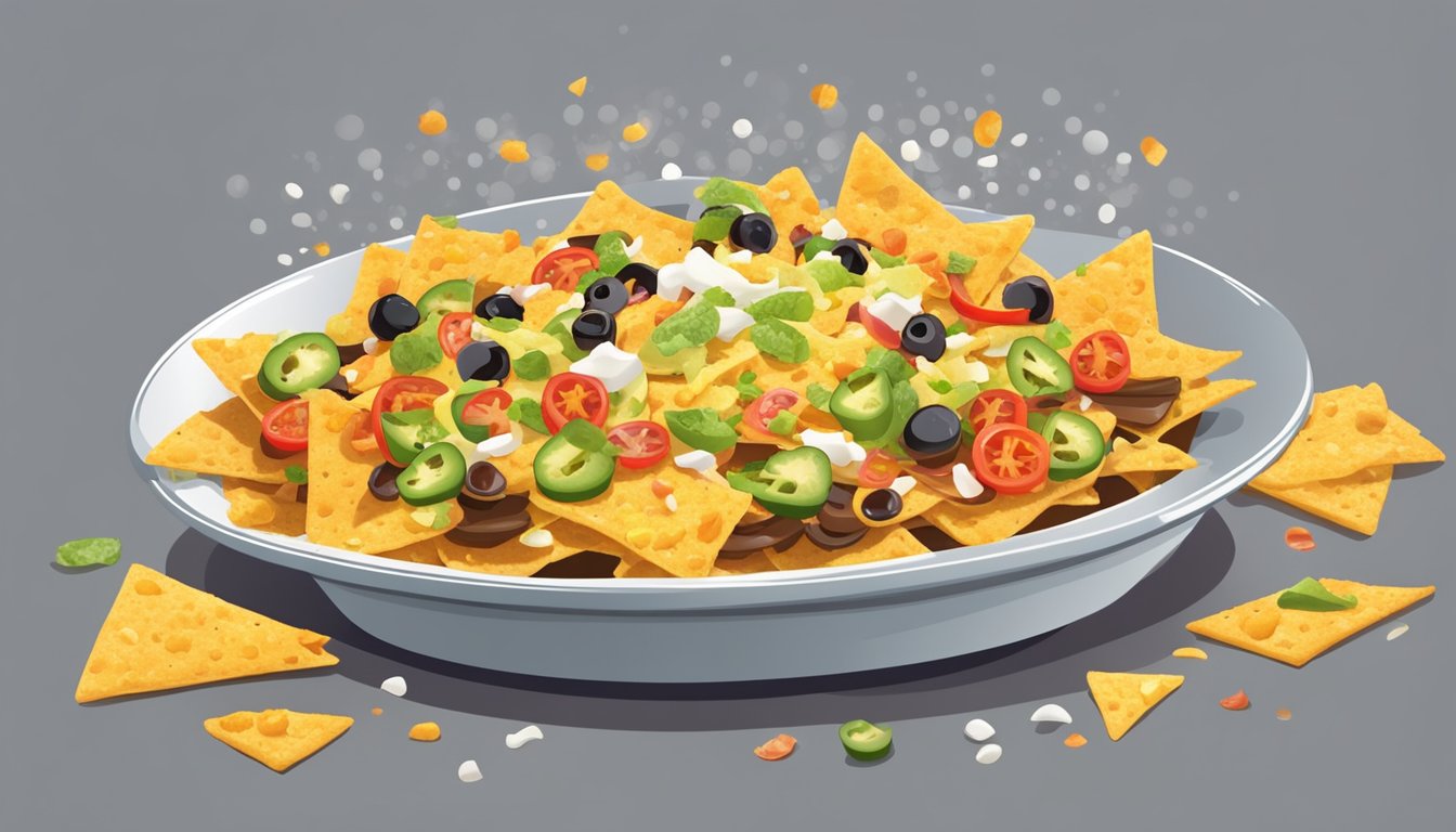 A plate of nachos is being heated in the microwave, with a variety of toppings being carefully sprinkled on top