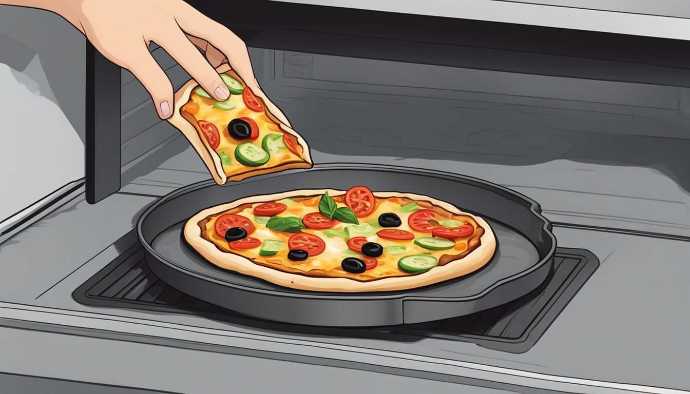 A slice of Mediterranean pizza being placed on a baking tray in a preheated oven