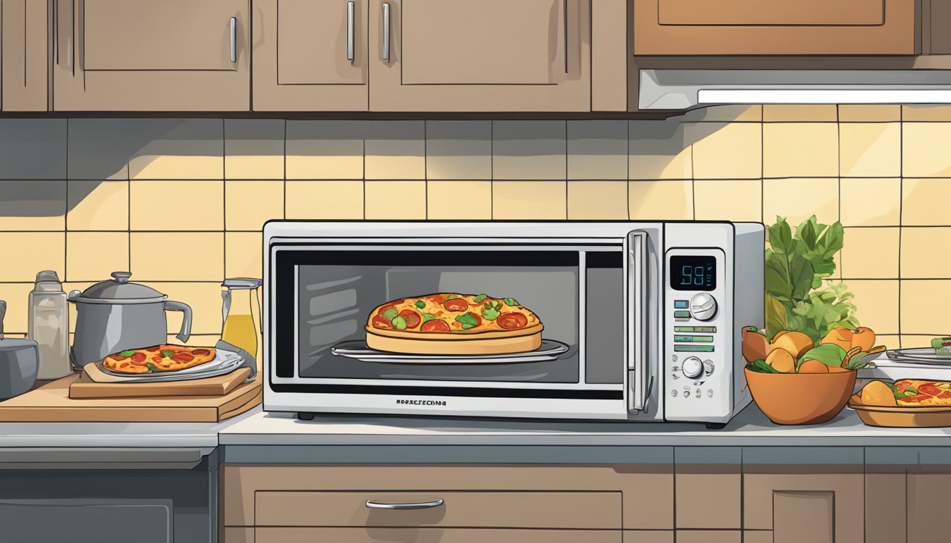 A microwave and toaster oven sit on a kitchen counter, with a slice of Mediterranean pizza being reheated in each appliance