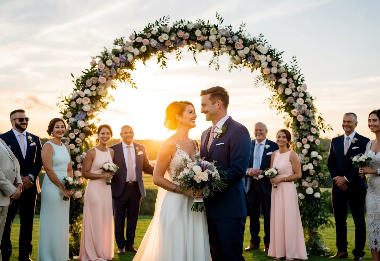 A couple standing under a floral arch, surrounded by smiling guests, as the sun sets behind them