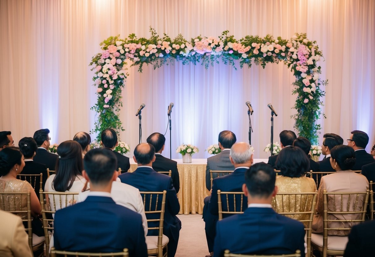 Guests seated, facing a decorated stage. Microphones stand ready. Flowers adorn the backdrop
