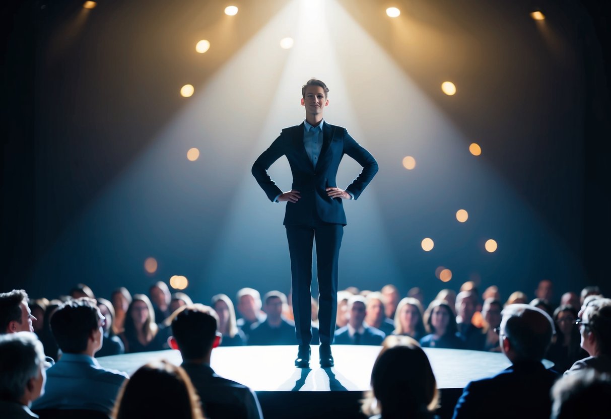 A figure standing confidently on a stage, with a spotlight shining down on them, and a captivated audience in front of them