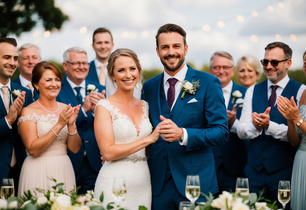 A couple standing together, surrounded by family and friends, smiling and clapping at the end of a heartfelt wedding speech