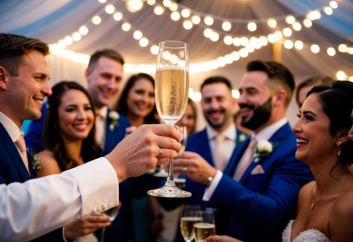 A champagne glass raised high, surrounded by smiling faces and twinkling lights, as the speaker concludes their wedding toast with a heartfelt sentiment