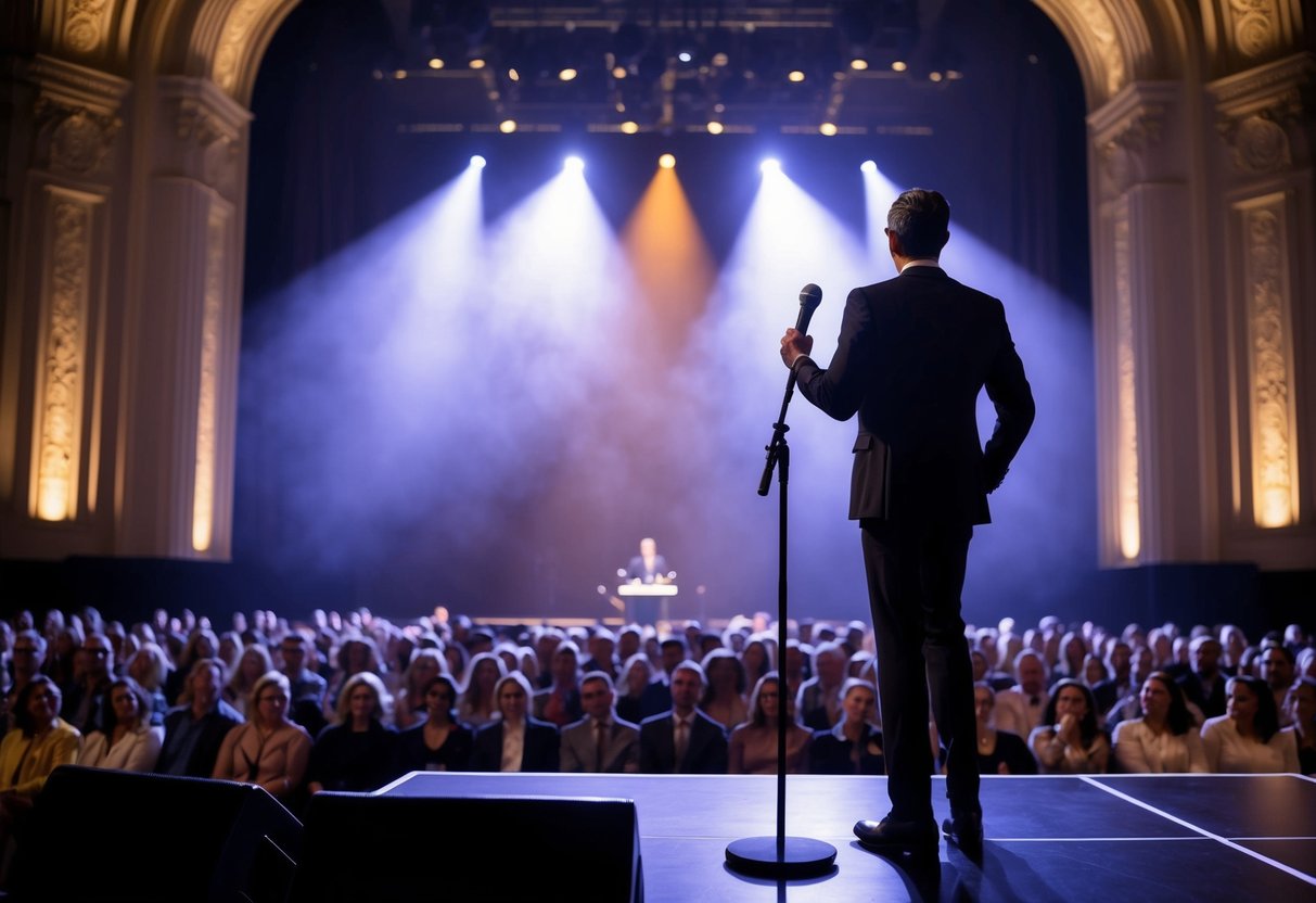 A figure standing confidently on a stage, with a microphone in hand, facing a large, attentive audience. The backdrop is a grand, ornate auditorium with dramatic lighting