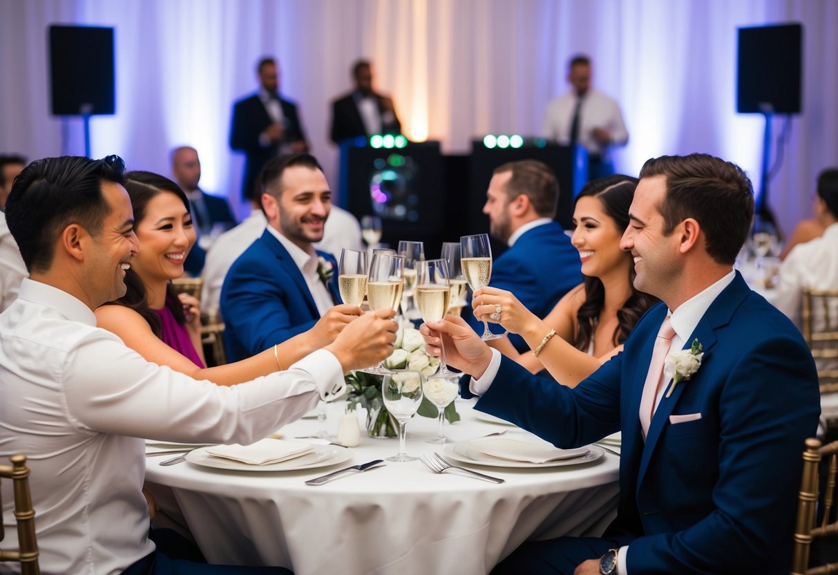 Guests seated at round tables, clinking glasses, and smiling. DJ booth in the background