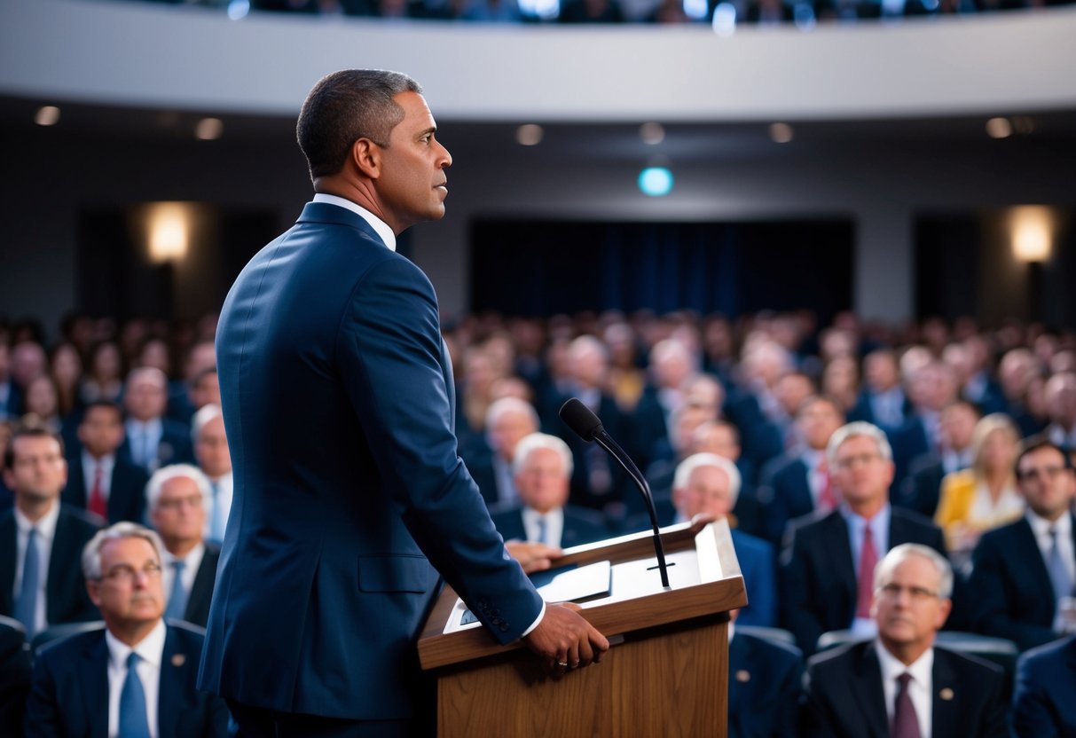 A figure standing confidently at a podium, gazing out at a sea of attentive faces, exuding authority and charisma