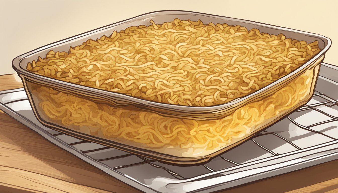 A steaming dish of noodle kugel being carefully reheated in the oven, with golden brown edges and a soft, creamy center