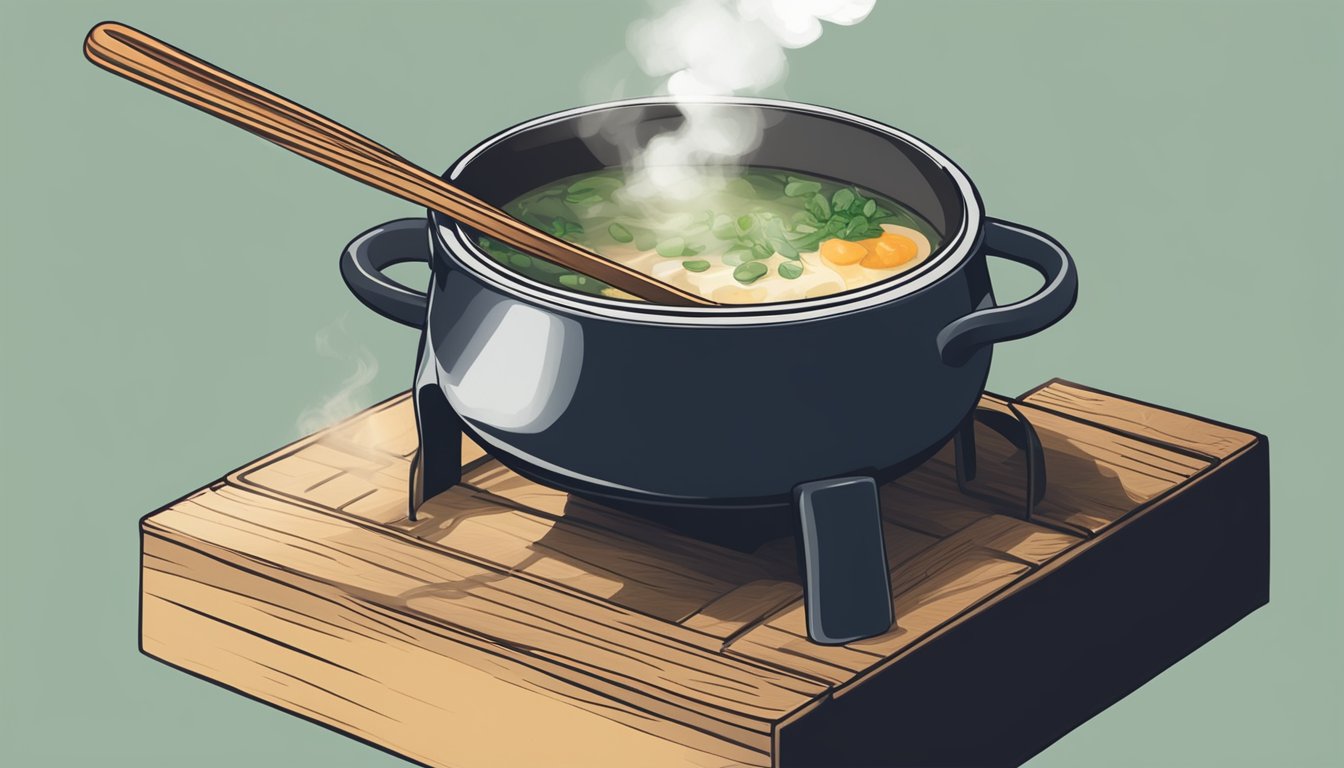 Steam rising from a pot of miso soup on a stovetop, with a wooden ladle resting on the side