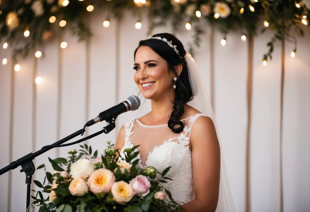 A bride standing at a microphone, surrounded by flowers and twinkling lights, with a warm smile on her face, ready to begin her wedding speech